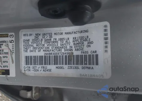 2007 Toyota Corolla Le из США, поврежденный, VIN 1NXBR30E87Z849819